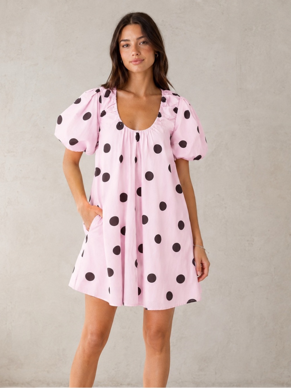 Petal & Pup Pink Polka Dot Puff-Sleeve Mini Dress